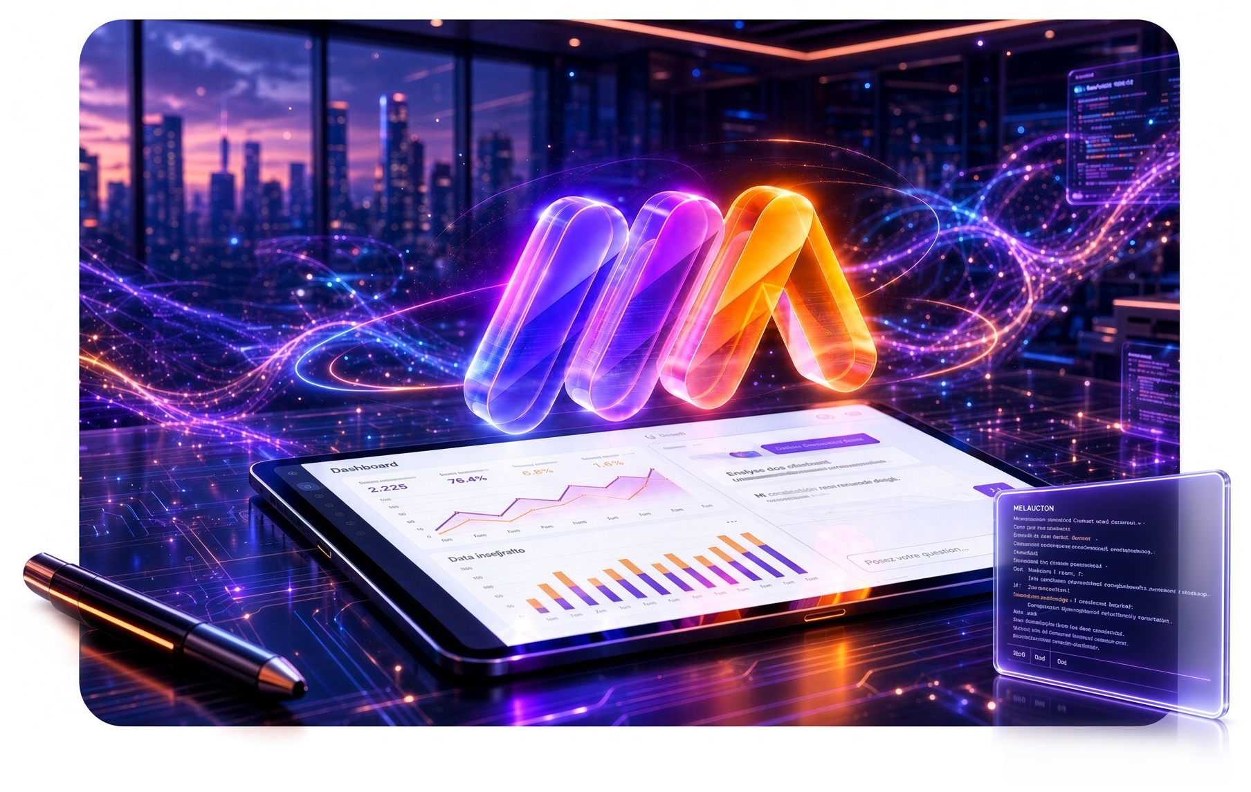 Tablette affichant un tableau de bord et un assistant IA, avec le logo 2IIA en hologramme violet et orange et un stylo et un écran de code en verre qui sortent du cadre