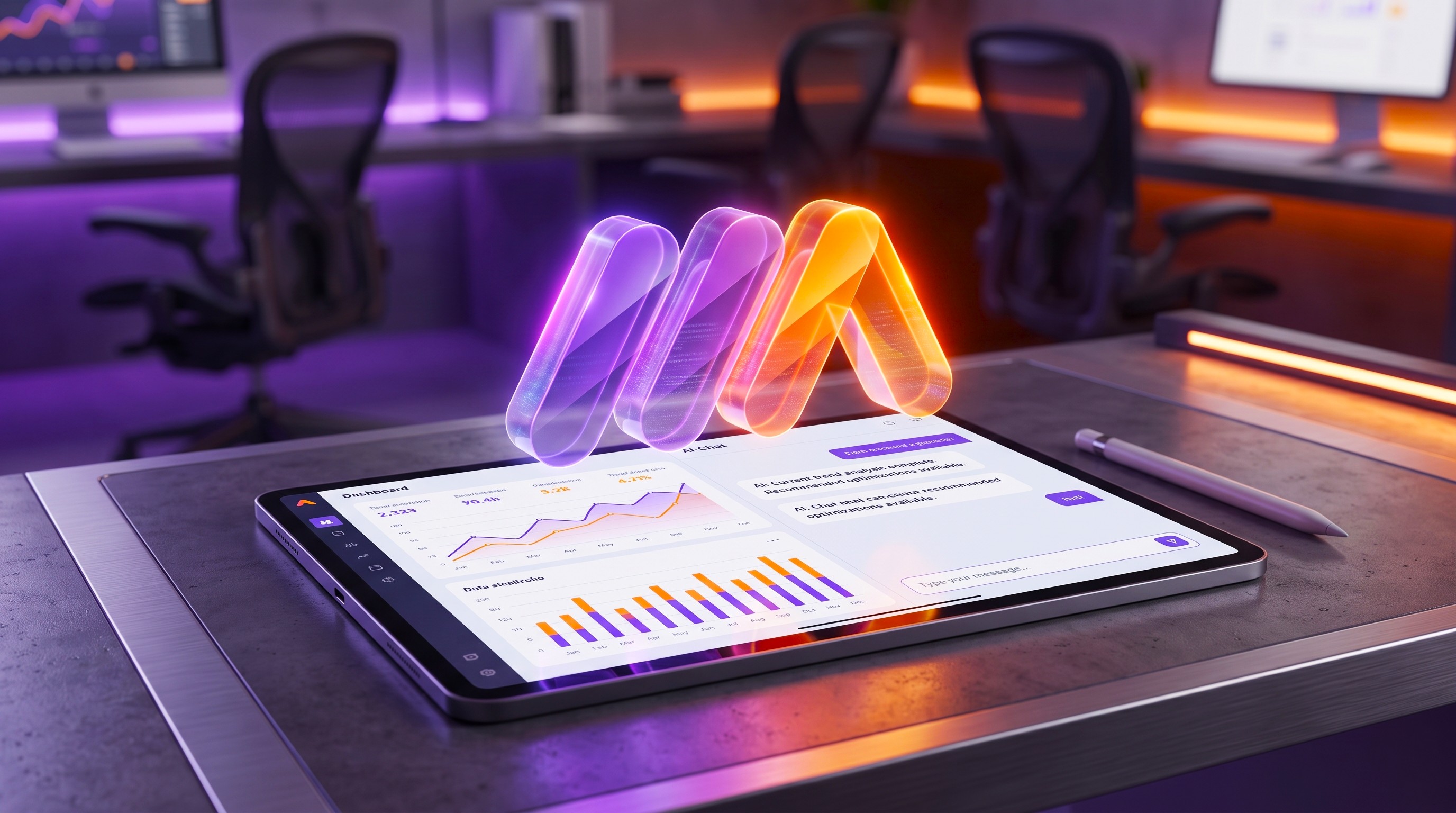 Tablette affichant un tableau de bord et un assistant IA, avec le logo 2IIA en hologramme violet et orange